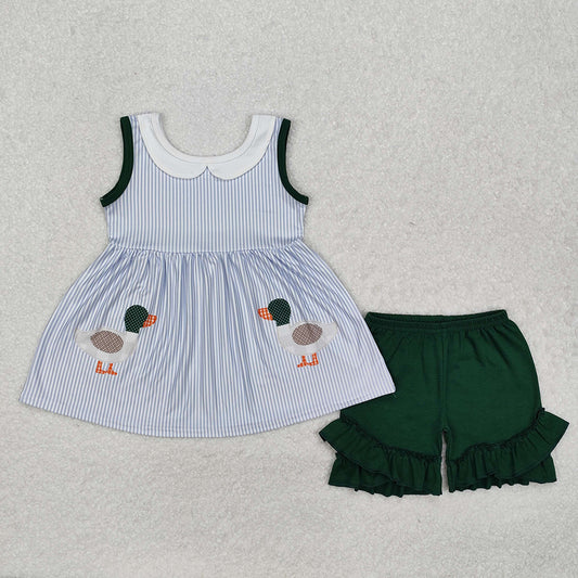 Baby Girls Blue Stripes Ducks Tunic Top Ruffle Shorts Clothes Sets