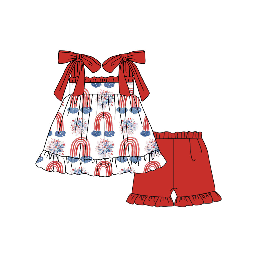 Baby Girls 4th Of July Rainbow Fireworks Straps Tunic Ruffle Shorts Clothes Sets Preorder