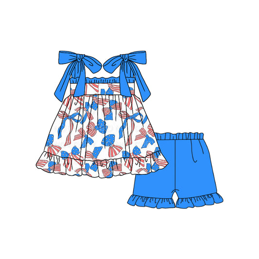 Baby Girls 4th Of July Bows Straps Tunic Ruffle Shorts Clothes Sets Preorder