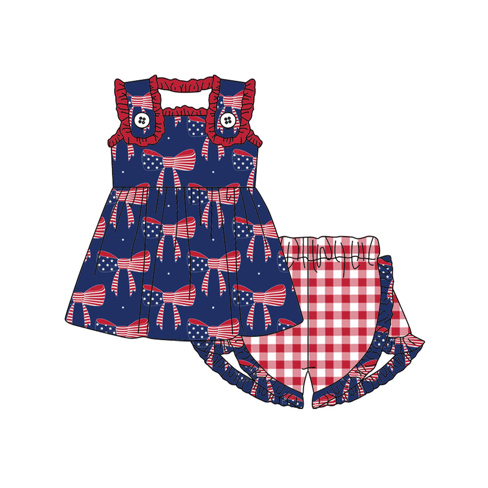 Baby Girls 4th Of July Flag Bows Straps Tunic Shorts Clothes Sets Preorder