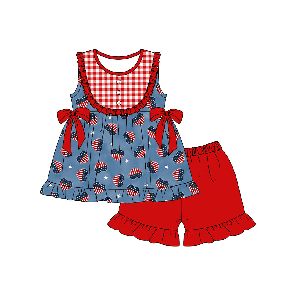 Baby Girls 4th Of July Flag Hearts Bows Tunic Shorts Clothes Sets Preorder