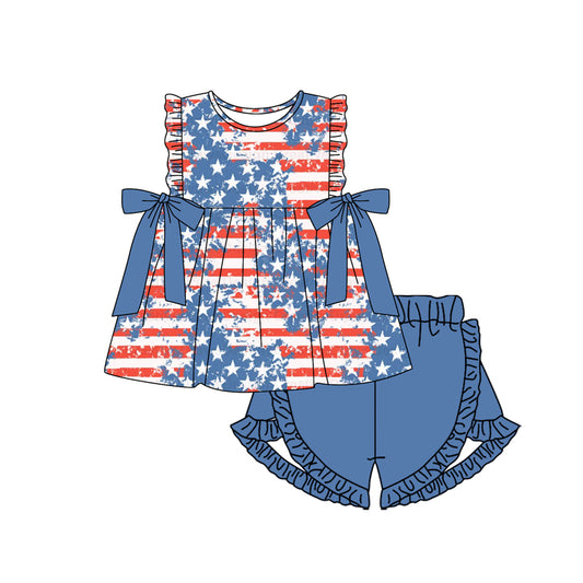 Baby Girls 4th Of July Stars Bows Tunic Shorts Clothes Sets Preorder
