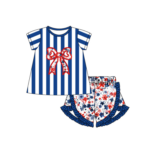 Baby Girls Blue Stripes 4th Of July Bow Tunic Ruffle Shorts Clothes Sets Preorder