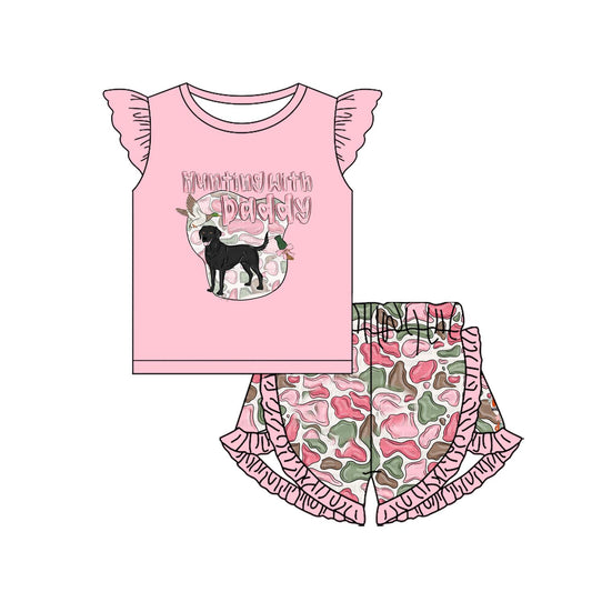Baby Girls Hunting With Daddy Dog Top Camo Shorts Clothes Sets Preorder