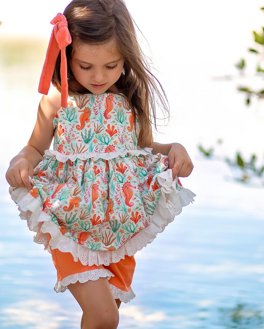 Baby Girls Seahorse Lace Ruffle Tunic Shorts Clothes Sets Preorder