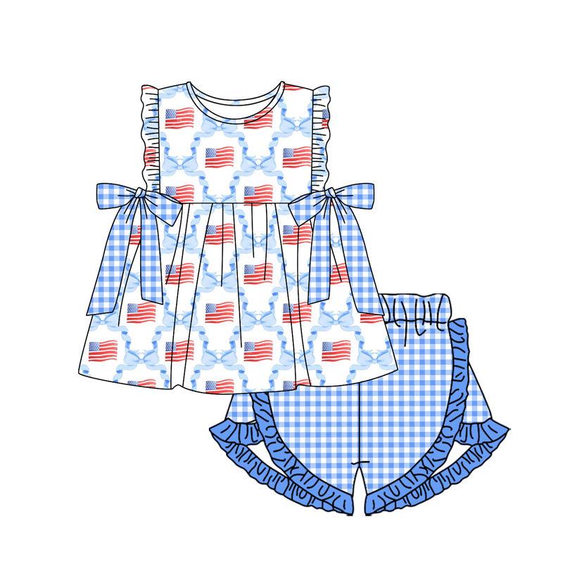 Baby Girls Blue Bows Flag Tunic Ruffle Shorts Clothes Sets Preorder