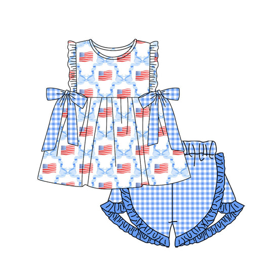 Baby Girls Blue Bows Flag Tunic Ruffle Shorts Clothes Sets Preorder