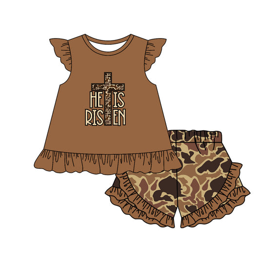 Baby Girls He Is Risen Cross Camo Tunic Ruffle Shorts Clothes Sets Preorder