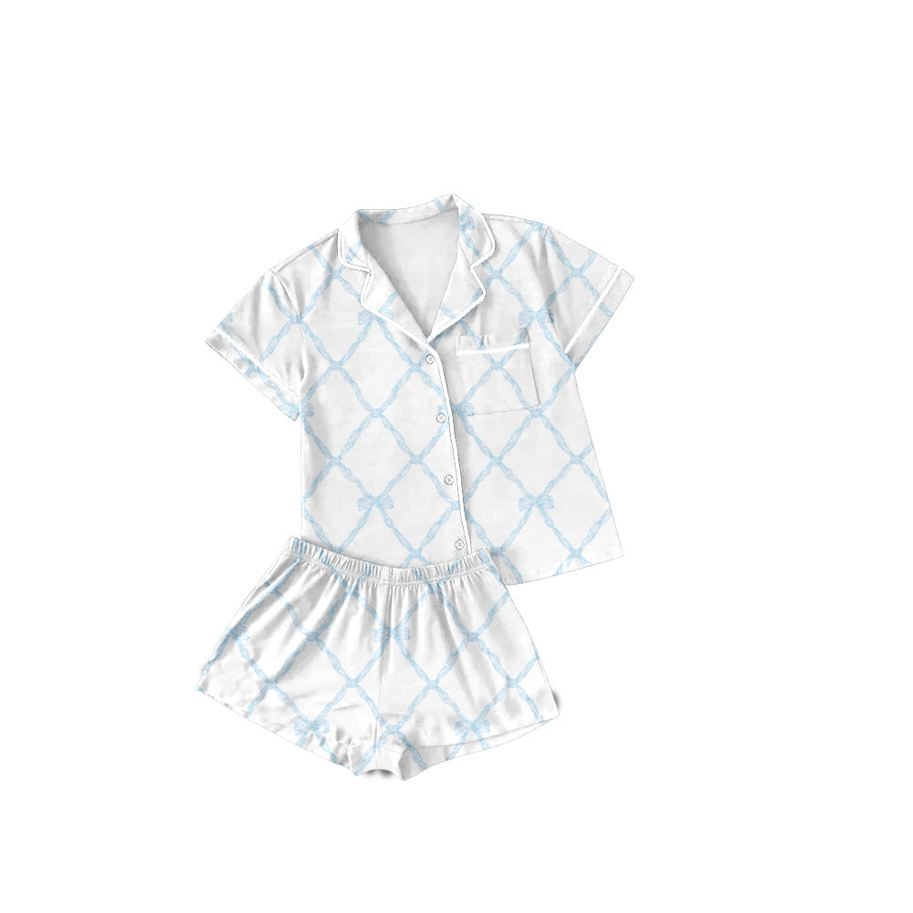 Adult Women Blue Bows Buttons Tops Shorts Pajamas Preorder