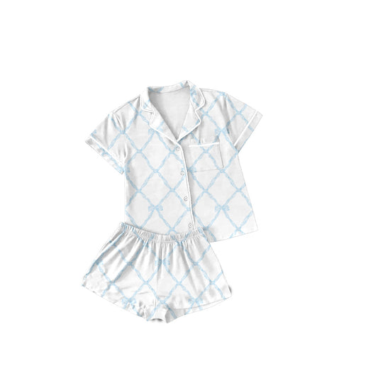 Adult Women Blue Bows Buttons Tops Shorts Pajamas Preorder