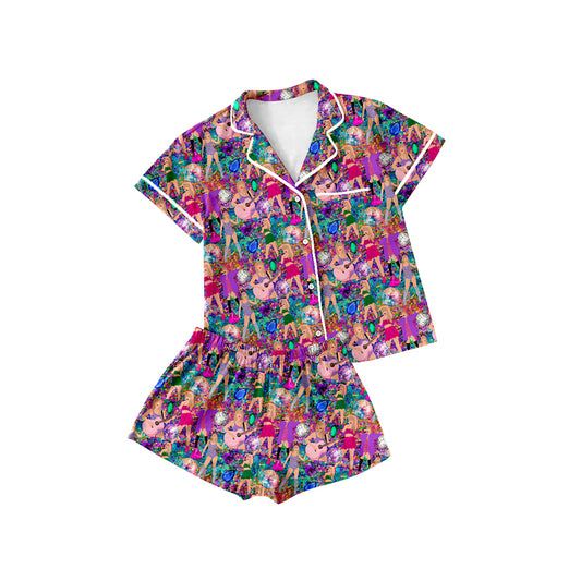 Adult Women Pink Singer Colorful Buttons Tops Shorts Pajamas Preorder