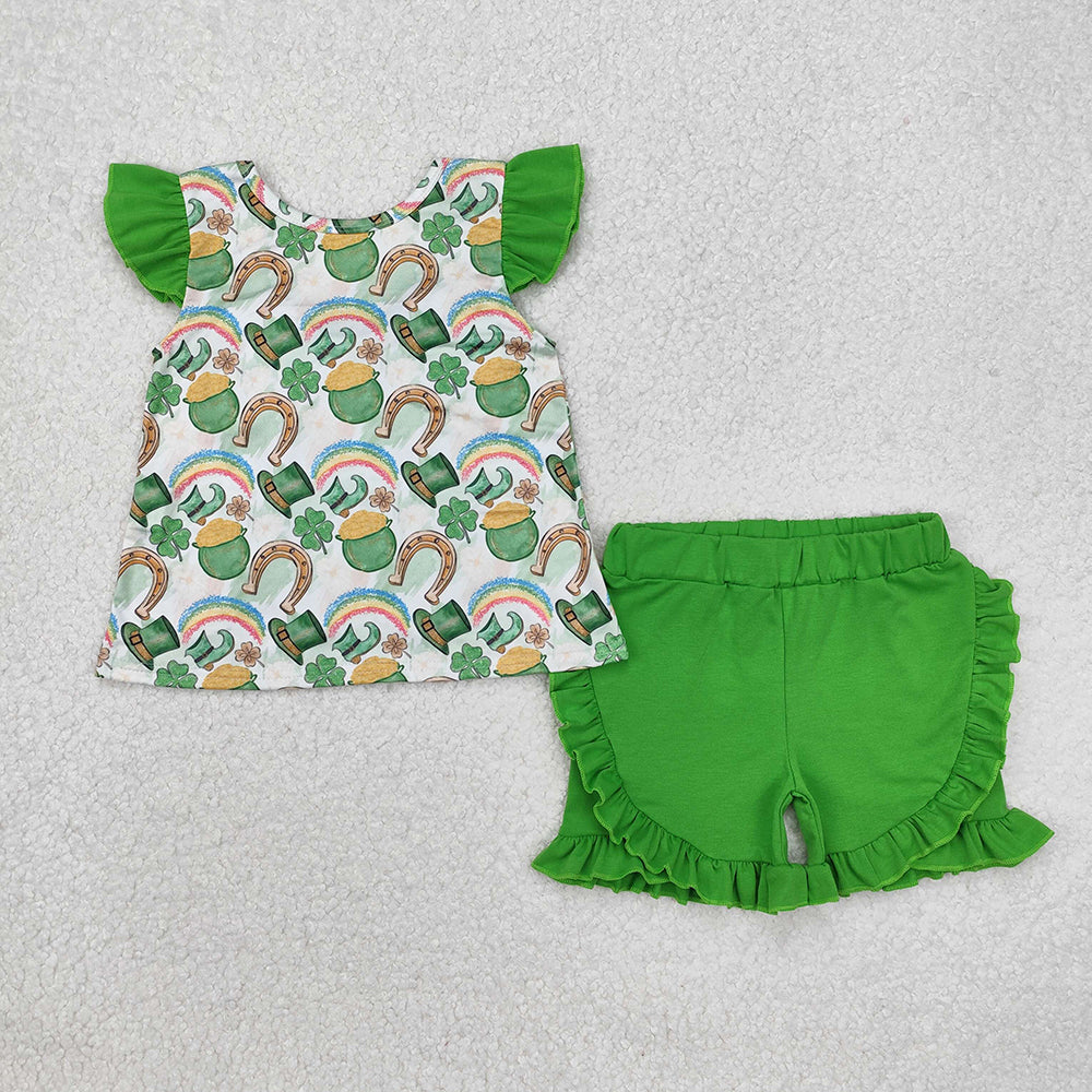 Baby Girls St Patrick Day Qautrefoil Bow Tunic Shorts Clothes Sets