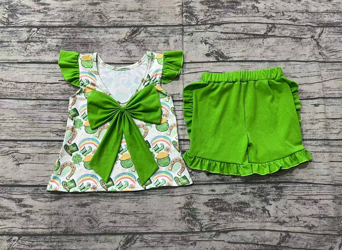 Baby Girls St Patrick Day Qautrefoil Bow Tunic Shorts Clothes Sets