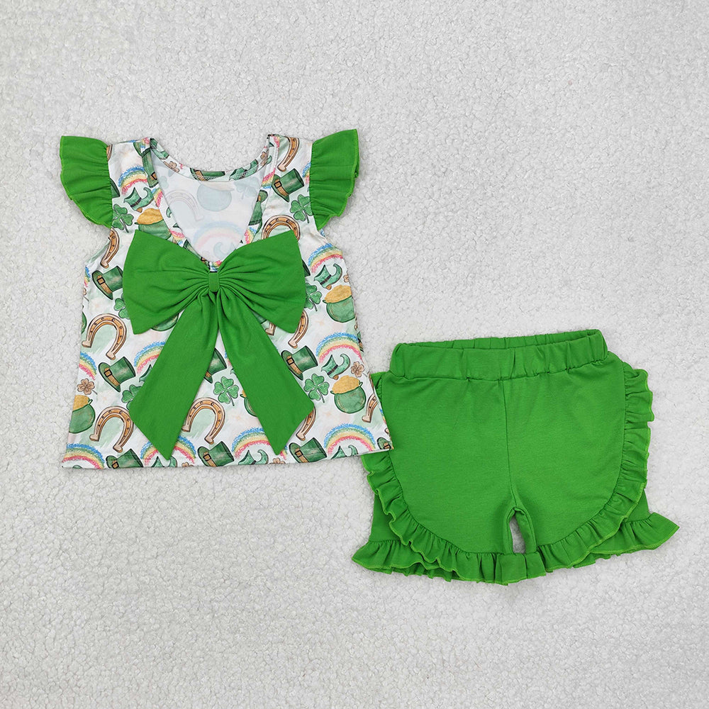 Baby Girls St Patrick Day Qautrefoil Bow Tunic Shorts Clothes Sets