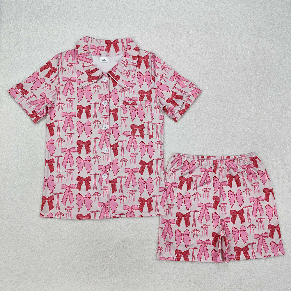 Mommy and Me Baby Girls Pink Bows Pocket Lapel Buttons Shirt Shorts Pajamas