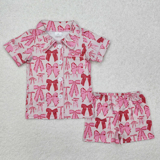 Sibling Baby Girls Pink Bows Plaid Button Pocket Shorts Pajamas Set Zipper Pullovers Top