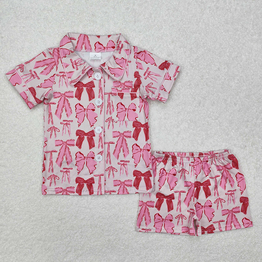 Mommy and Me Baby Girls Pink Bows Pocket Lapel Buttons Shirt Shorts Pajamas