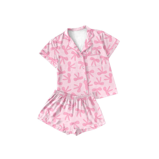 Baby Girls Pink Bows Buttons Shirt Shorts Pajamas Clothes Sets Preorder