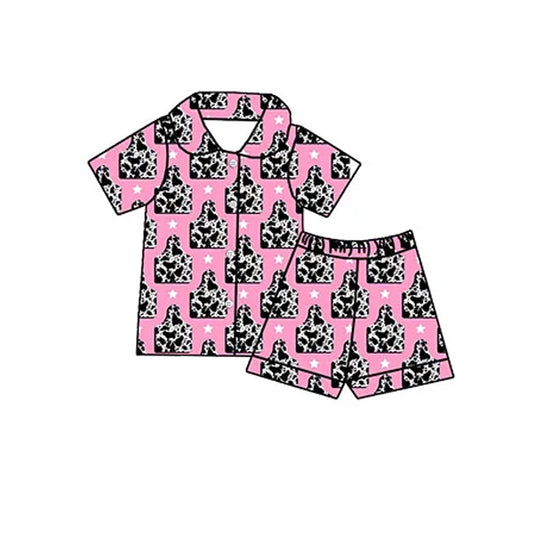 Baby Girls Western Cow Tag Button Up Shirts Shorts Pajamas Clothes Sets Preorder