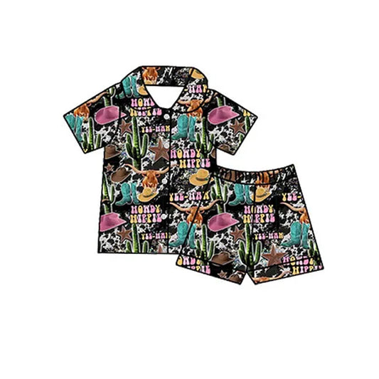 Baby Girls Western Howdy Cow Button Up Shirts Shorts Pajamas Clothes Sets Preorder