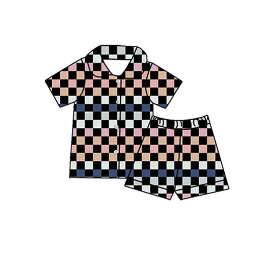 Baby Girls Checkered Button Up Shirts Shorts Pajamas Clothes Sets Preorder
