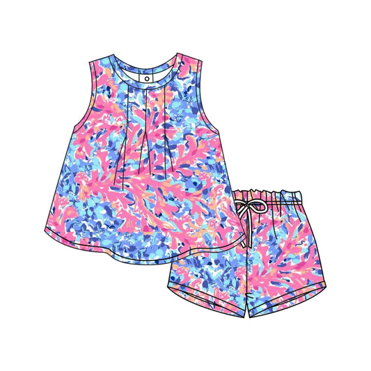 Baby Girls Hot Pink Seaweed Flowers Tunic Shorts Clothes Sets Preorder