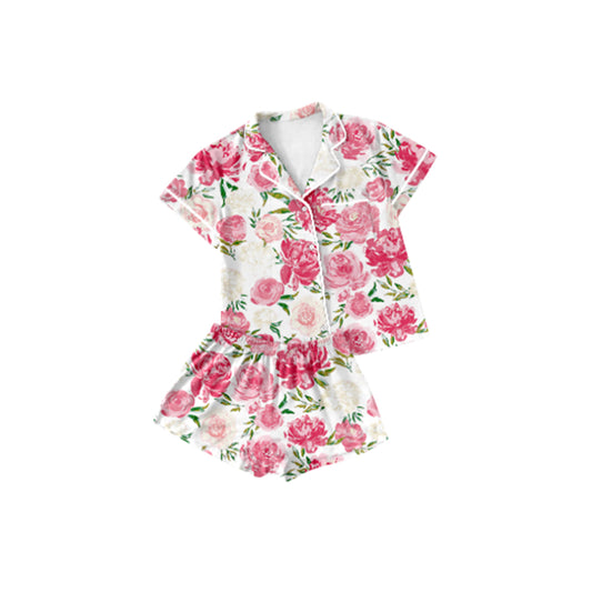 Baby Girls Red Flowers Button Up Shirts Shorts Pajamas Clothes Sets Preorder