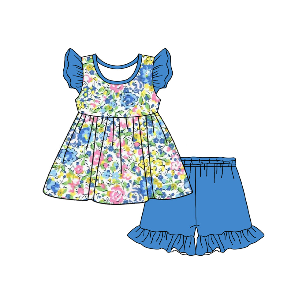 Baby Girls Summer Blue Flowers Tunic Ruffle Shorts Clothes Sets Preorder