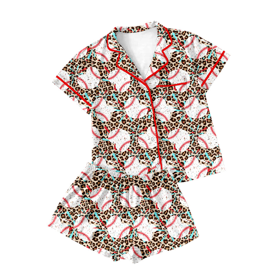 Preorder moq 5 Adult Women Leopard Baseball Buttons Tops Shorts Pajamas