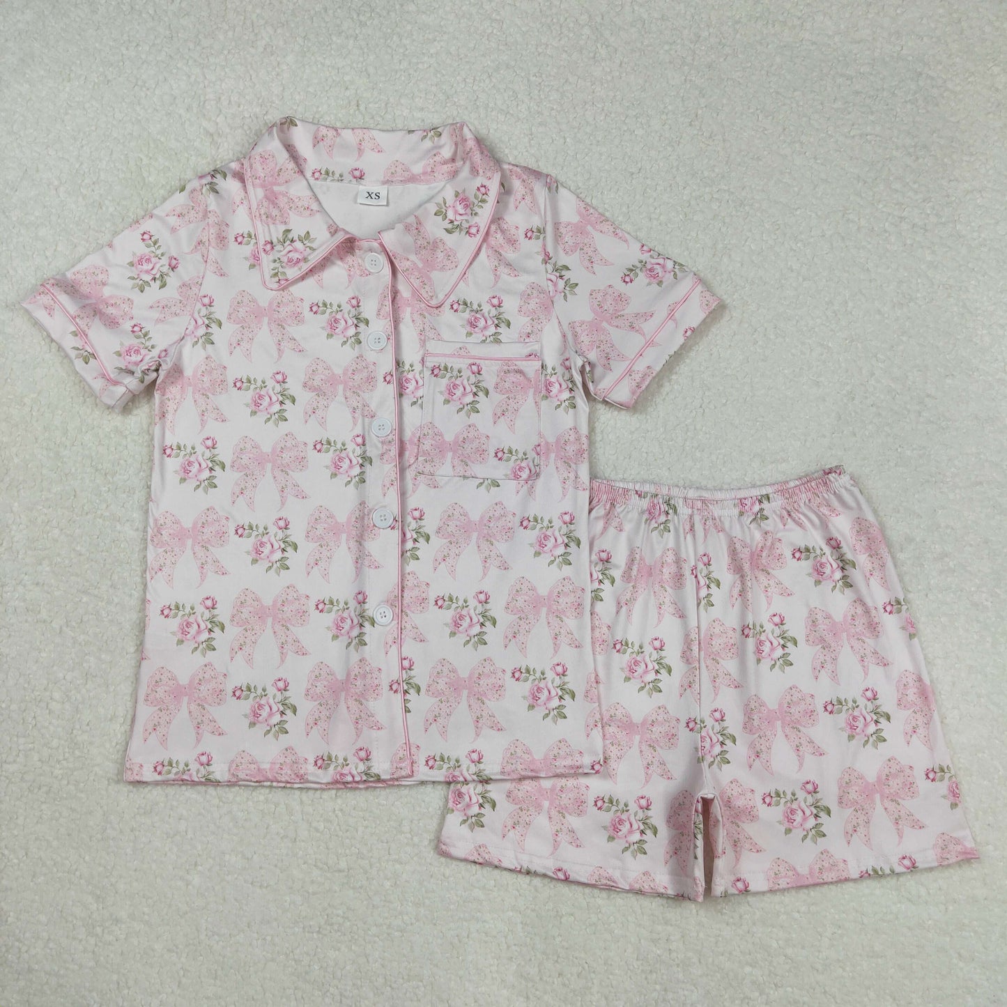 Sibling Adult Women Bows Flowers Pocket Buttons Tops Shorts Pajamas