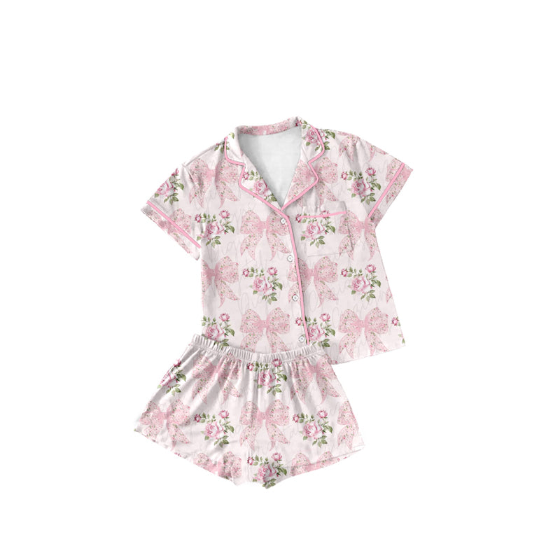 Baby Girls Pink Bows Flowers Buttons Top Shorts Pajamas Clothes Sets Preorder