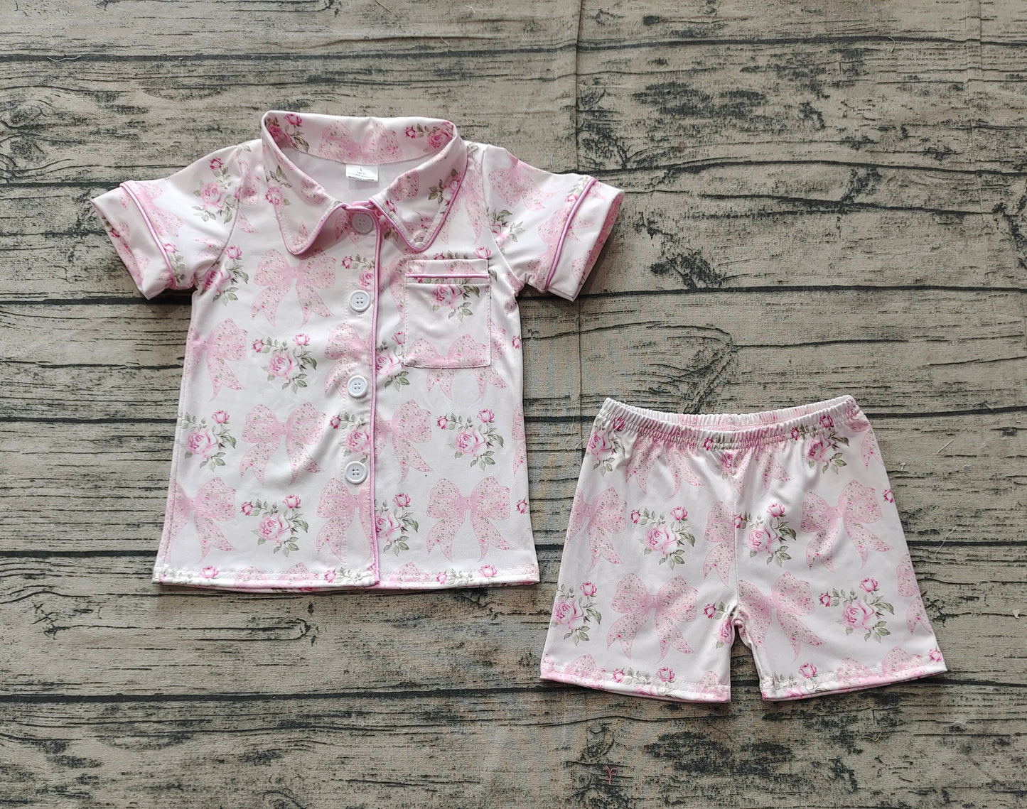 Baby Girls Pink Bows Flowers Buttons Top Shorts Pajamas Clothes Sets Preorder