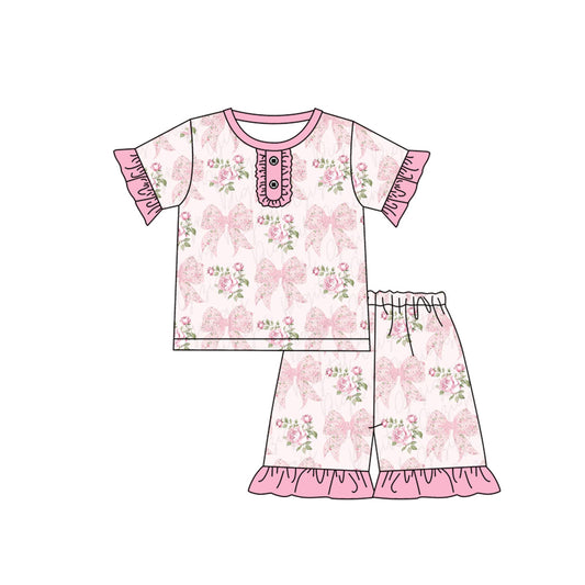 Baby Girls Pink Bows Flowers Top Shorts Pajamas Clothes Sets Preorder