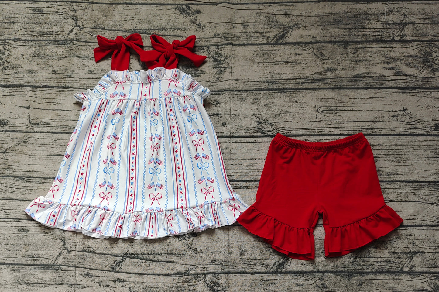 Baby Girls 4th Of July Flag Bow Tunic Ruffle Shorts Clothes Sets