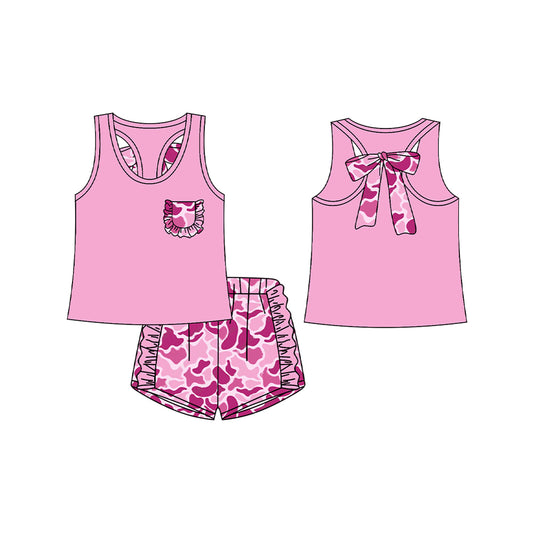 Baby Girls Pink Pocket Vest Top Camouflage Ruffle Shorts Clothes Sets Preorder