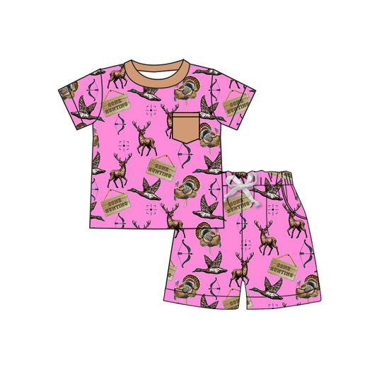 Baby Girls Pink Gone Hunting Turkey Ducks Shirts Shorts Pajamas Clothes Sets Preorder