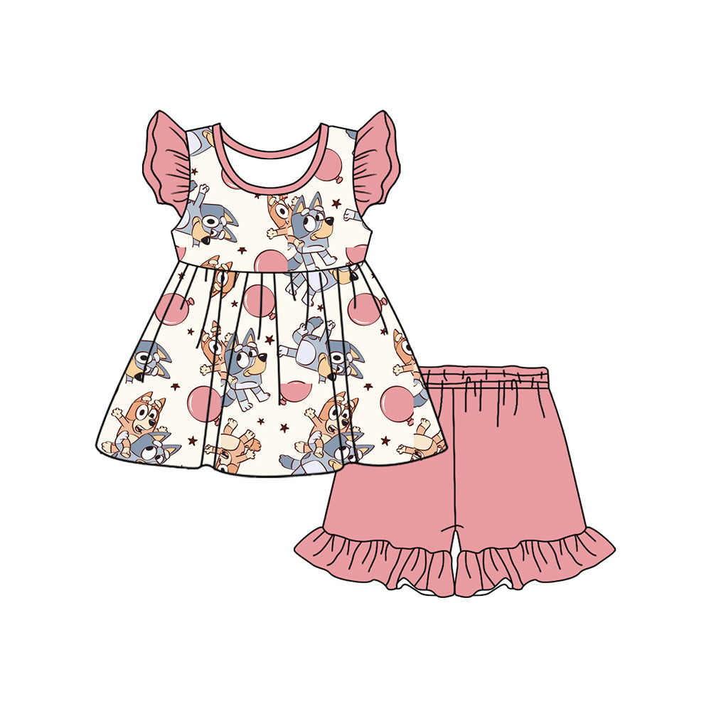 Baby Girls Pink Dogs Balloons Tunic Ruffle Shorts Clothes Sets Preorder