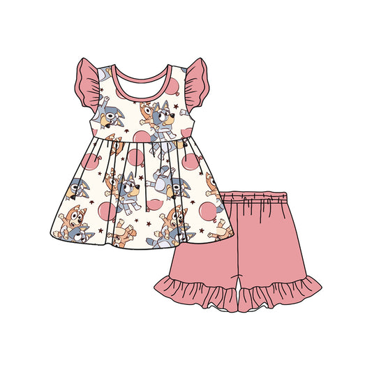 Baby Girls Pink Dogs Balloons Tunic Ruffle Shorts Clothes Sets Preorder