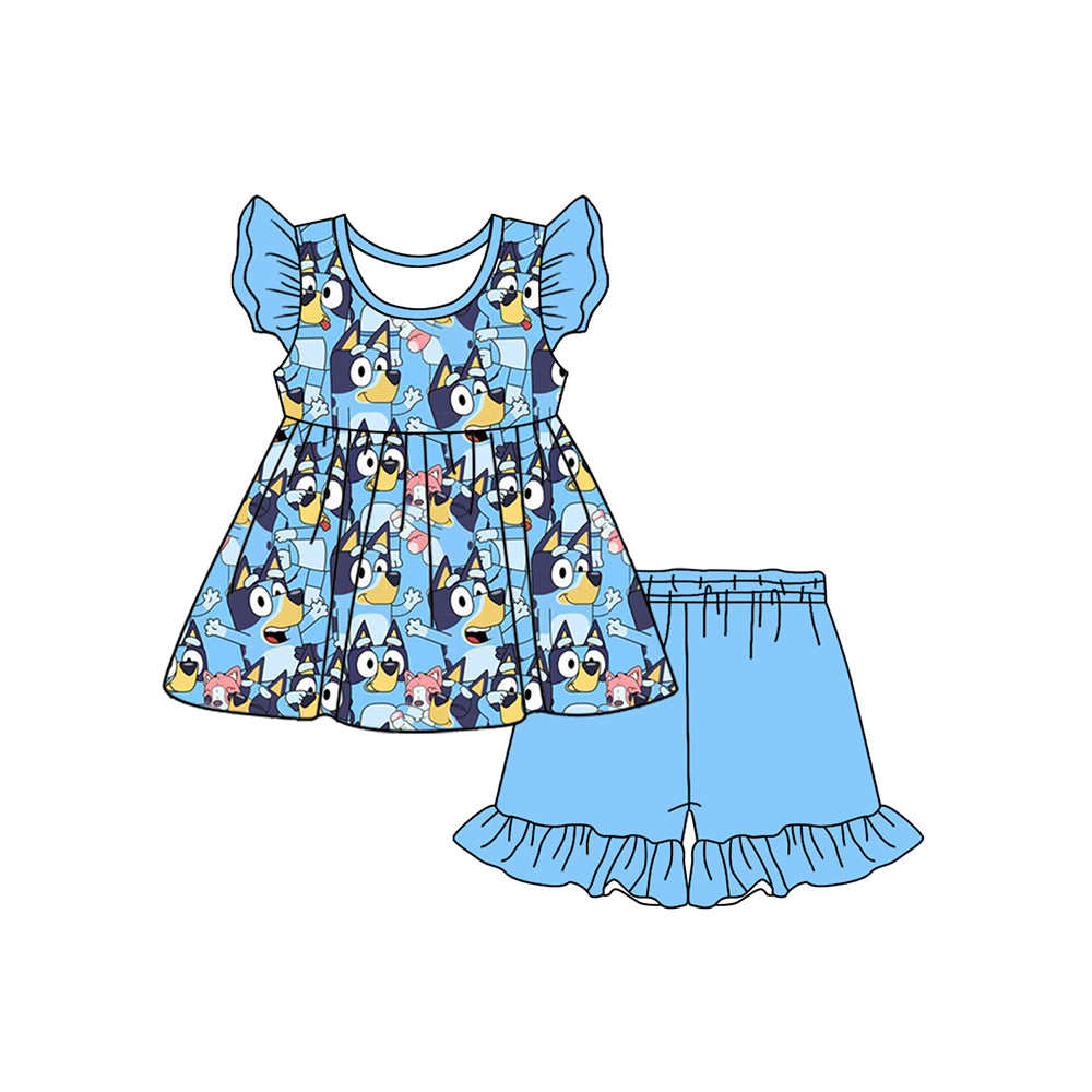 Baby Girls Blue Dogs Tunic Ruffle Shorts Clothes Sets Preorder