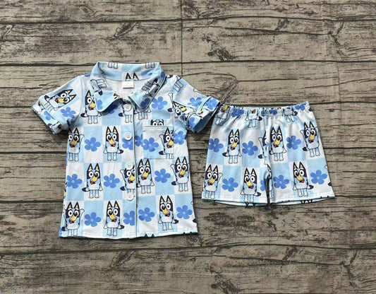 Baby Girls Dogs Checkered Flowers Buttons Shirts Shorts Pajamas