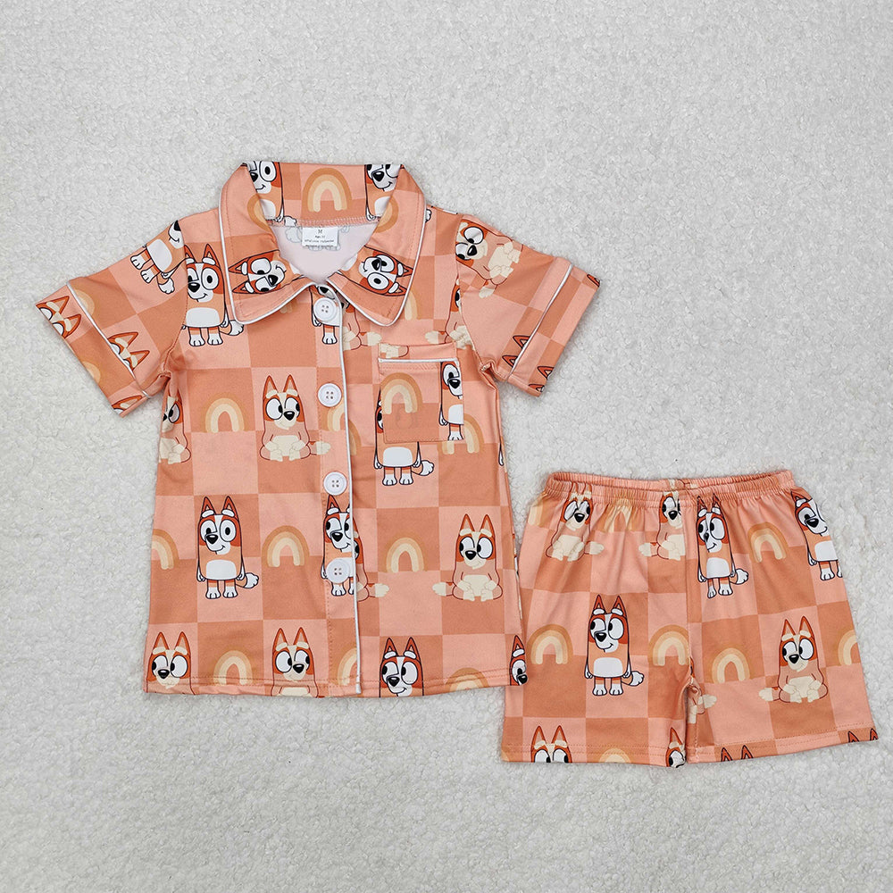 Baby Girls Dogs Checkered Rainbow Buttons Shirts Shorts Pajamas