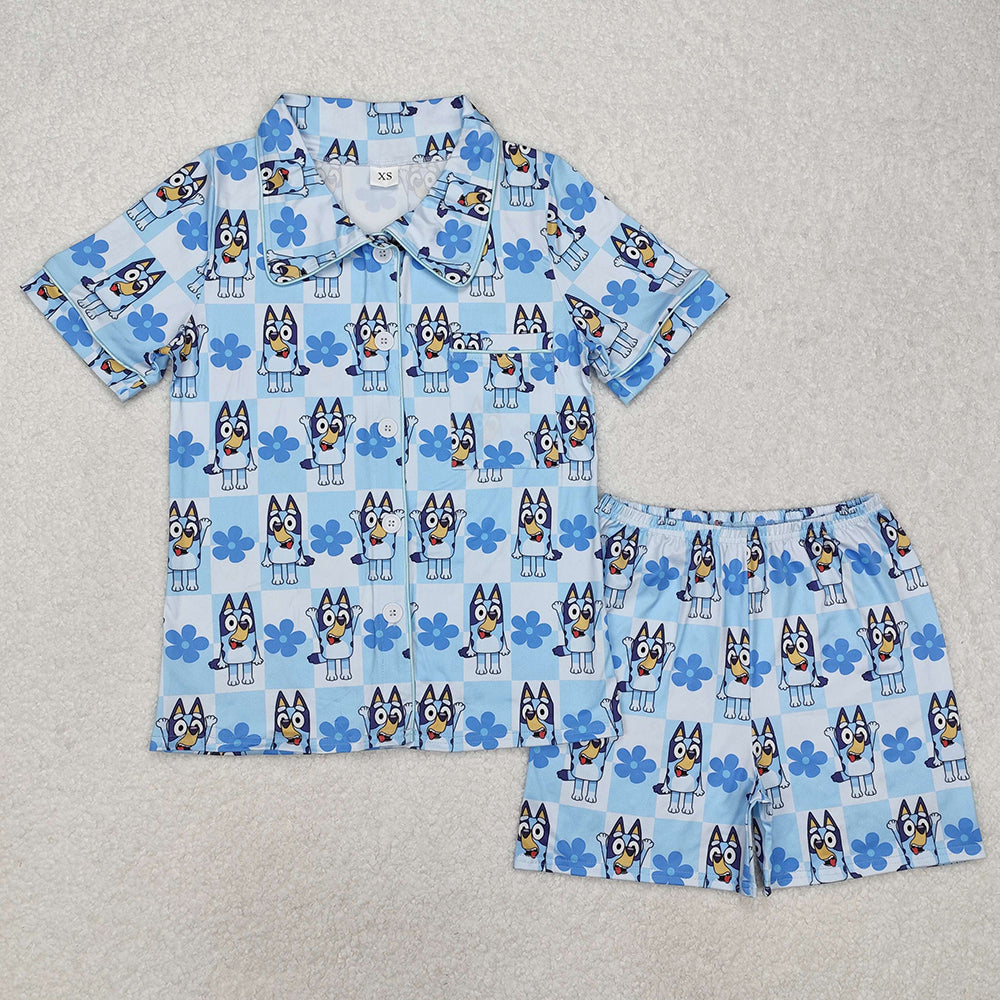 Adult Women Dogs Checkered Flowers Buttons Tops Shorts Pajamas