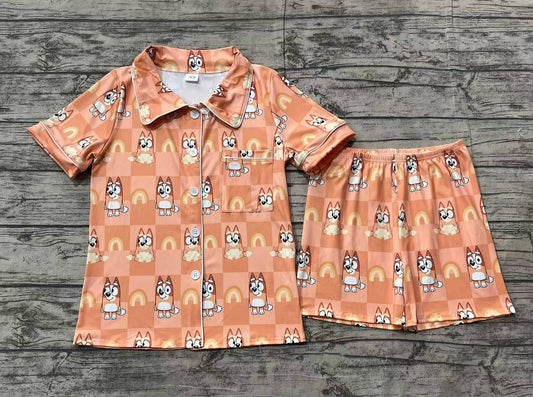 Adult Women Dogs Checkered Rainbow Buttons Tops Shorts Pajamas Preorder