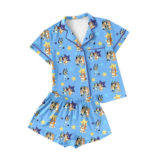 Adult Women Dogs Blue Buttons Tops Shorts Pajamas Preorder