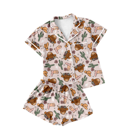 Preorder moq 5 Adult Women Western Highland Cow Cactus Buttons Tops Shorts Pajamas