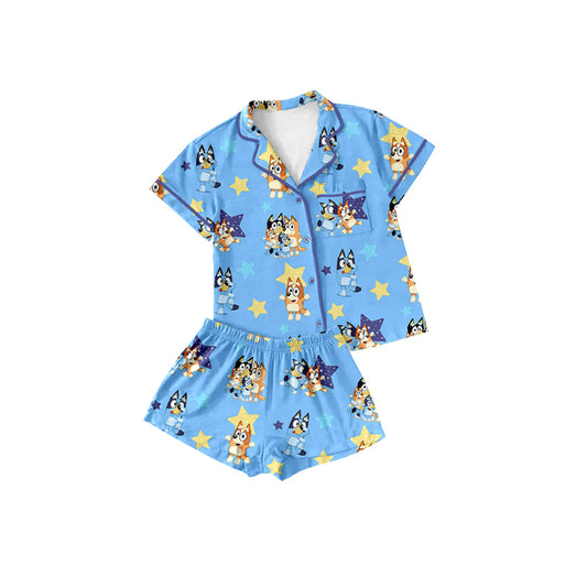 Baby Girls Dogs Blue Buttons Shirts Shorts Pajamas Clothes Sets Preorder