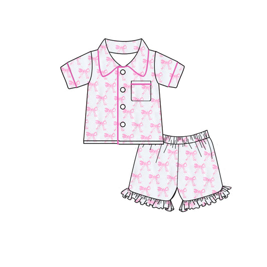 Baby Girls Pink Bows Buttons Shirts Shorts Pajamas Clothes Sets Preorder