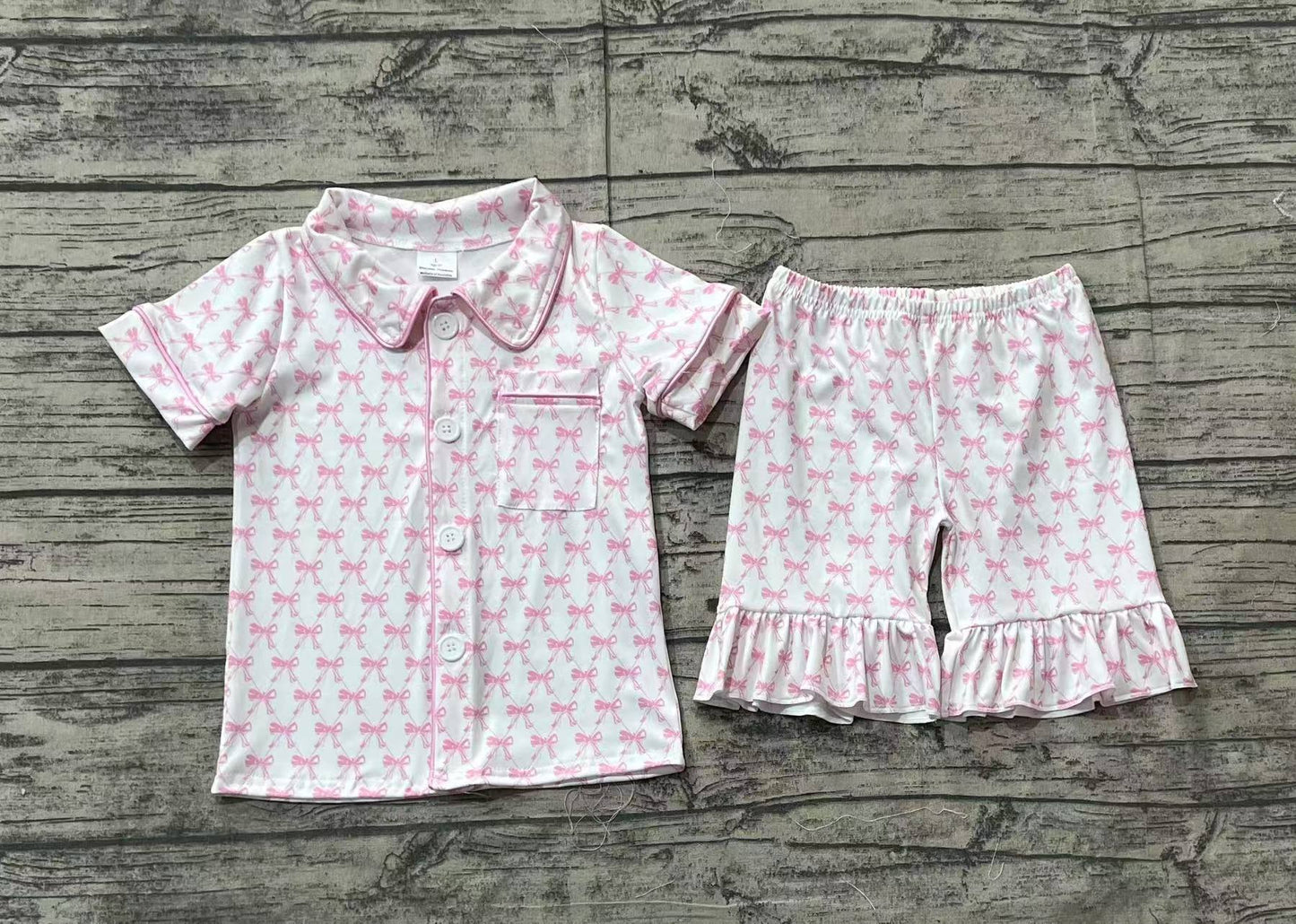 Baby Girls Pink Bows Buttons Shirts Shorts Pajamas Clothes Sets Preorder