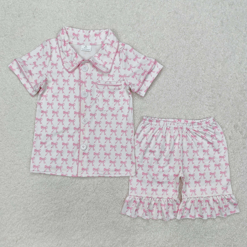 Baby Girls Pink Bows Buttons Shirts Shorts Pajamas Clothes Sets