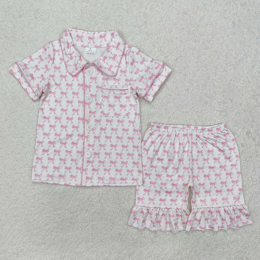 Baby Girls Pink Bows Buttons Shirts Shorts Pajamas Clothes Sets